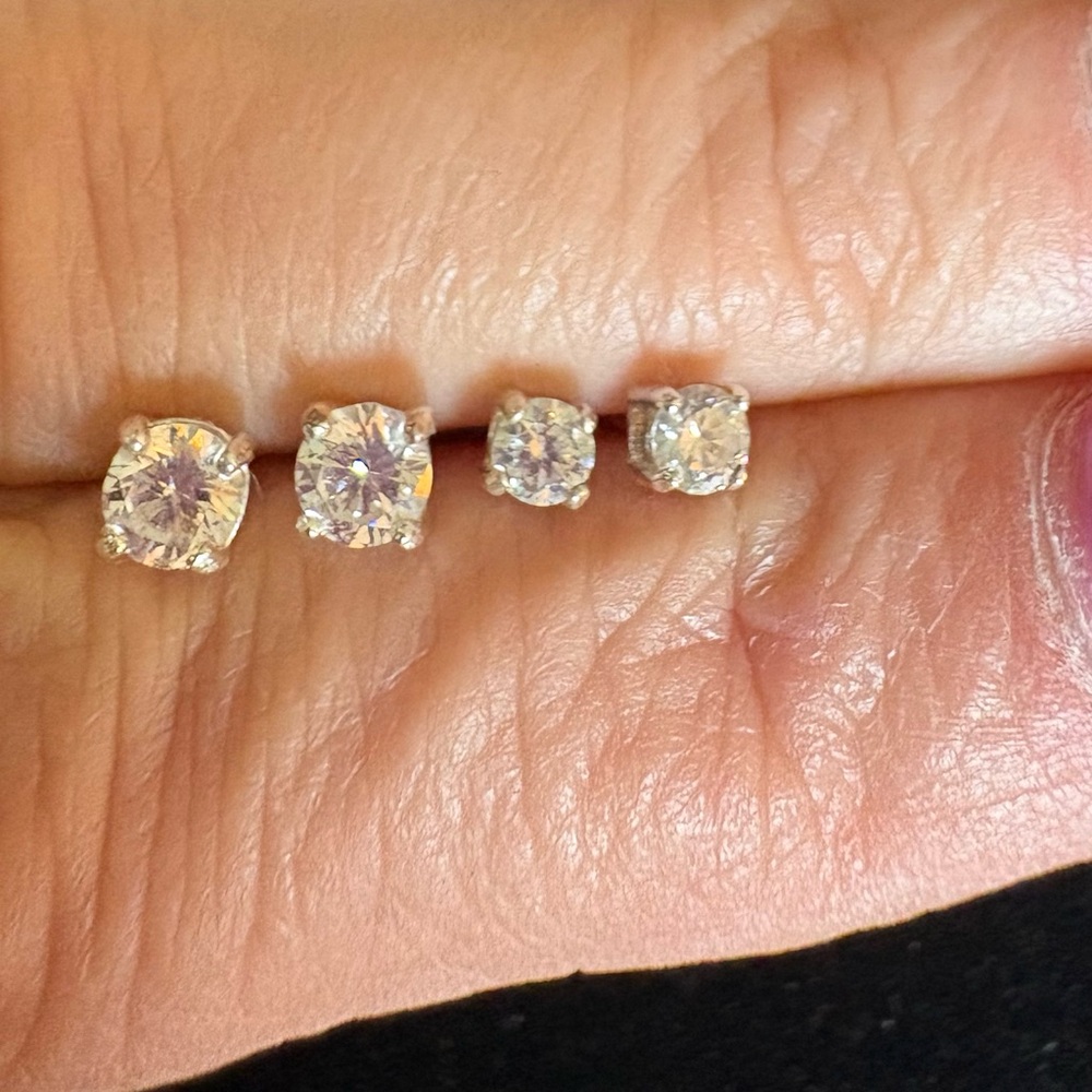2 Pairs of Sterling Silver Cubic Zirconia Stud Earrings Set